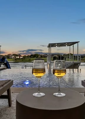 Intimate patio overlooking the lake at sunset